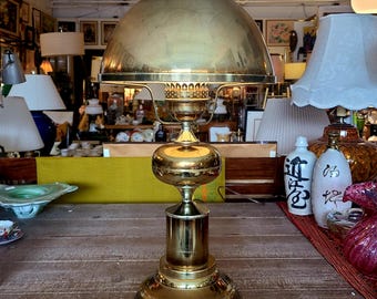 Vintage Brass Hurricane Table Lamp | Art Deco Inspired 1980s Mushroom Dome Top Lamp | Home Decor And Lighting