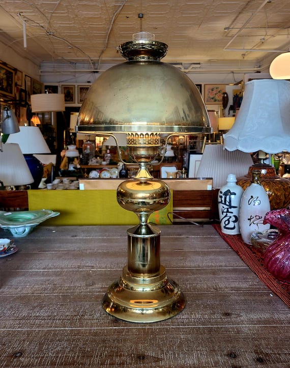 Vintage Brass Hurricane Table Lamp | Art Deco Inspired 1980s Mushroom Dome Top Lamp | Home Decor And Lighting