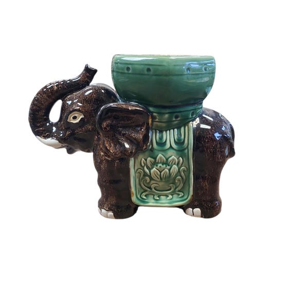 Vintage Glazed Ceramic Elephant Planter | Hand Decorated | Indoor Gardening And Home Decor