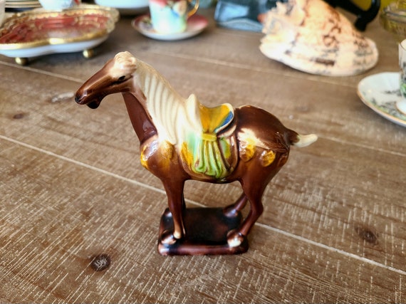 Vintage Porcelain Chinese War Horse Figurine | Glazed Ceramic | Tang Dynasty Style Late Mid Century Reproduction | Collectible Shelf Decor
