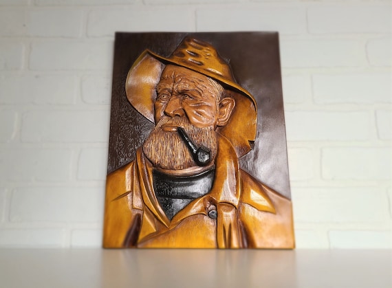 Vintage Molded Resin Wall Plaque ~ Raised 3D ~ Faux Wood Carving ~ Seaman With Pipe ~ Wall Decor