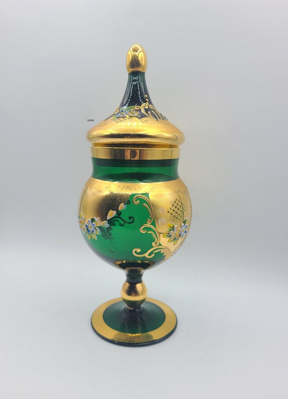Vintage Czech Bohemian Lidded Candy Dish | Gold Trim with Enameled Floral Motif | Mid Century Collectible Glass | Home Decor
