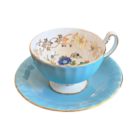 Vintage Aynsley Marlina Teacup Saucer Set | Turquoise Blue Porcelain Teaware