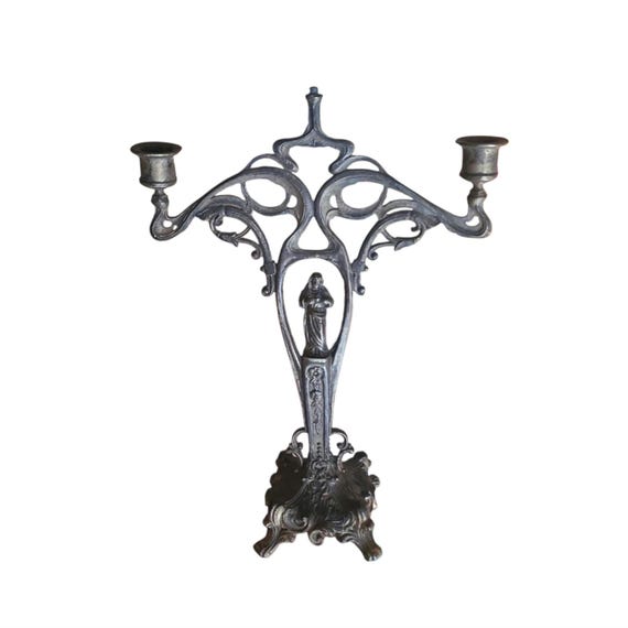 Antique Cast Metal Candelabra  | Art Nouveau Two-Arm Religious Themed Candleholder | Collectible | Home Decor