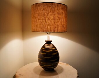 Mid Century Ceramic Table Lamp ~ Vintage Tiger Print Pattern Ceramic Lamp ~ Egg Shape Ceramic Lamp