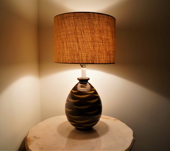 Mid Century Ceramic Table Lamp ~ Vintage Tiger Print Pattern Ceramic Lamp ~ Egg Shape Ceramic Lamp