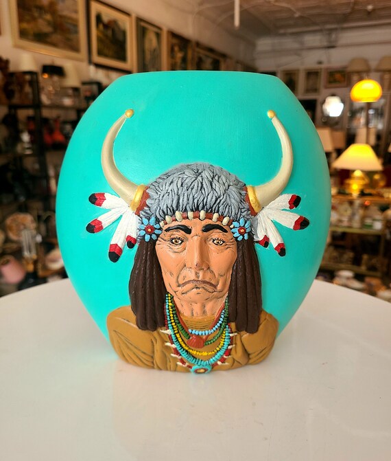Vintage Hand Painted Ceramic Vase | 3D Textured Native American Chief Face | Collectible Home Decor