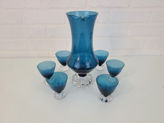 Retro Scandinavian Barware Cocktail Set With Pitcher ~ Bo Borgström for Aseda Glasbruk of Sweden ~ Blue MCM Glassware ~ Decanter Set ~ 1960s