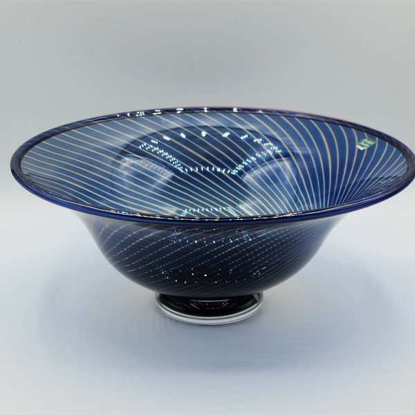 Vintage Orrefors Art Glass Bowl ~ Footed Glass Slip Graal Bowl Attributed to Edwrd Hald ~ Art Glass Bowl Featuring Blue Swirl In Clear Glass