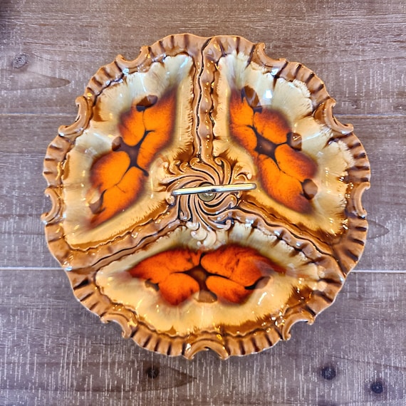 Mid Century Glazed Ceramic Serving Dish with Handle ~ MCM Three Section Serving Tray ~ 1960s ~ Japan