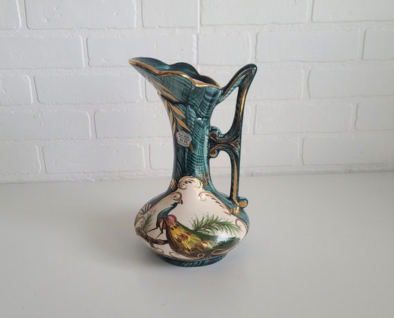 H. Bequet Quaregnon Belgium Ceramic Pitcher ~ Hand Painted Peacock Ewer ~ Hubert Bequet Vase Pottery Jug ~ Made In Belgium ~ No 164