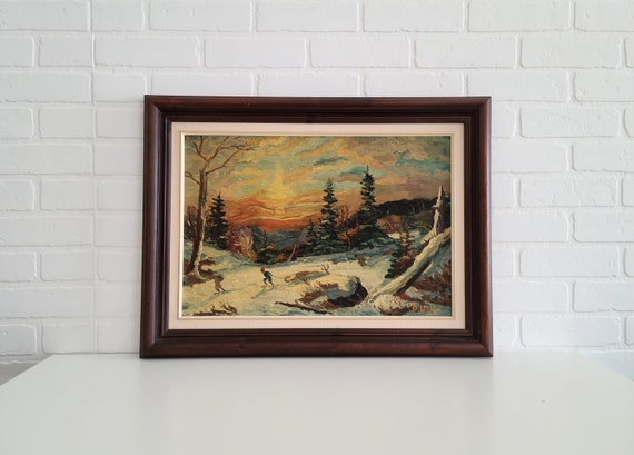 Vintage Signed and Framed Oil Painting on Board ~ Winter Landscape Scene With Sleds ~ Wall Art ~ Home decor