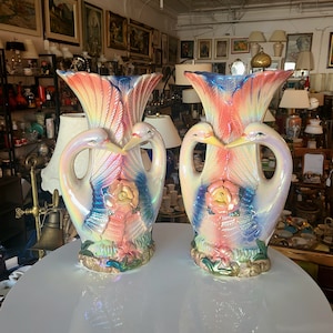 Vintage Ceramic Kissing Swans Vase | Set of 2 | Hand Decorated | 1980s Lustreware Glazed Ceramic Matching Pair of Vases | Home Decor