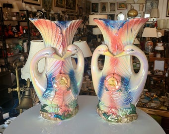 Vintage Ceramic Kissing Swans Vase | Set of 2 | Hand Decorated | 1980s Lustreware Glazed Ceramic Matching Pair of Vases | Home Decor