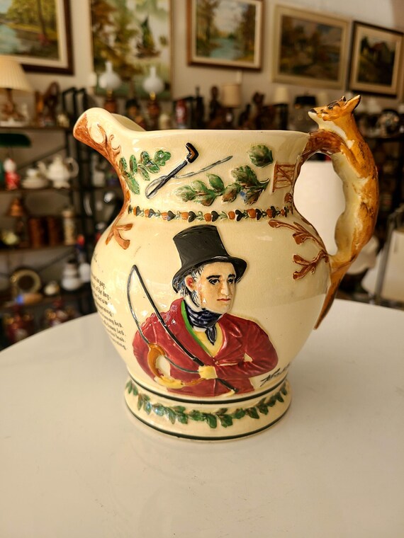 Antique Crown Devon Fielding's Jug | John Peel Hunting Theme With Fox Handle | 1930s | Hand Painted and Signed | Collectible English Pottery