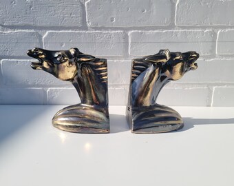 Par vintagebokstöd med hästhuvuden ~ Set med 2 bokstöd i gjuten metall ~ Heminredning