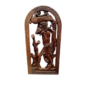 Vintage Hand Carved African Wood Relief Panel Depicting A Hunter Carrying Deer | 1970s | Ethnic Tribal Art | Collectible | Home Decor
