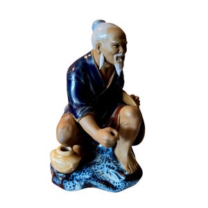 Vintage Shiwan Mudman Fisherman Figurine, Handcrafted Chinese Ceramic Sage Statue, Asian Clay Scholar Mud Men, Oriental Art Pottery Decor