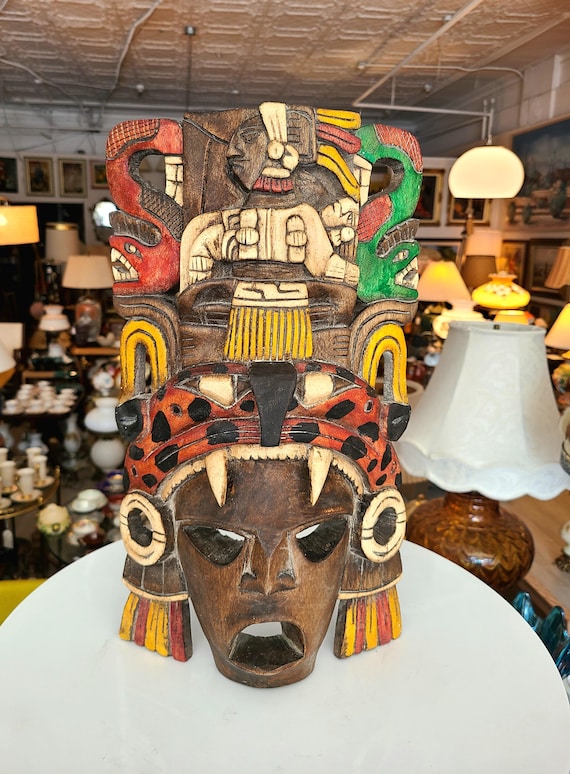 Vintage Carved Wood Mask | Ethnic Native American Mask | Aztec Mayan Ceremonial Mask | Tribal Wall Decor