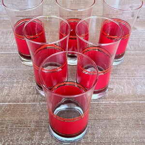 Mid Century Set mit 6 Libbey Brandywine Bechern | Rot, Gold und Braun Streifen | Schwerer Boden | Mid Century Modern Barware