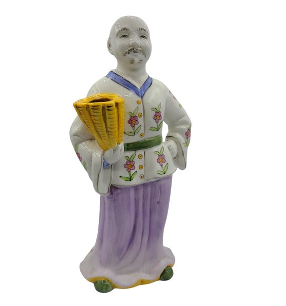 Vintage Porcelain Chinoiserie Figurine | Asian Man With Basket | Bud Vase | Decorative Statuette | Handpainted | Collectible | Home Decor