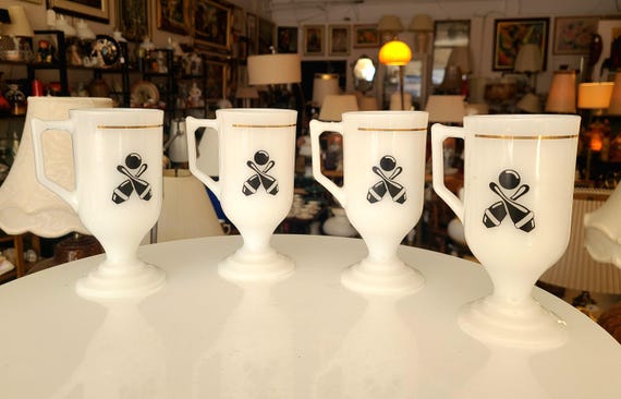 Vintage Set of 4 Milk Glass Pedestal Irish Coffee Mugs With D-Handles And Gilt Banding | 1960s | Curling Mugs | Bowling Motif | Drinkware