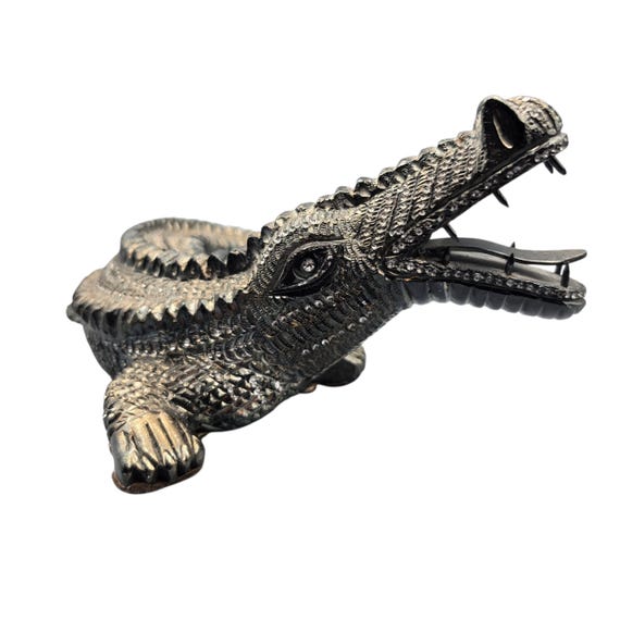 Jeweled Cast Metal Crocodile Figurine – Shimmering Silver & Gold Tones - Alligator Sculpture – Reptile Home Decor – Unique Gift