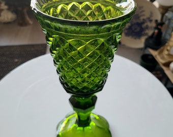 Vintage Green Glass Vase | Diamond Point Pattern | Scalloped Pedestal Base | Avocado Green Pressed Glass | Collectible Home Decor