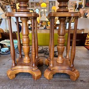 Tall Turned Wood Table Lamps | Handcrafted | Matching Pair of Wooden Lamps | Rustic Farm House Decor | 1970s