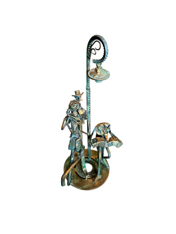 Vintage Brutalist Metal Tango Sculpture - Scrap Metal Folk Art, Dancing Couple & Musician Under Lamppost, Collectible Home Decor