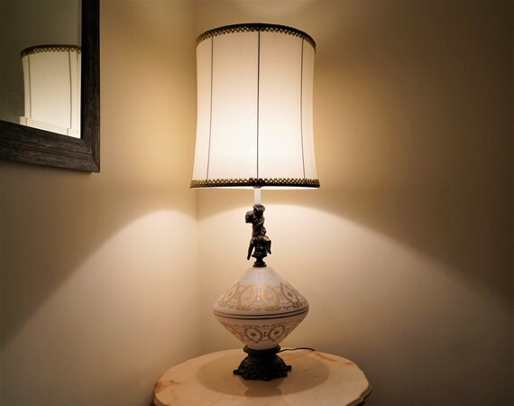 Vintage Parlor Lamp ~ Satin Glass Lamp With Brass Cherub ~ Made In France ~ White Opaline Glass Lamp ~ Mid Century Table Lamp ~ 1970s