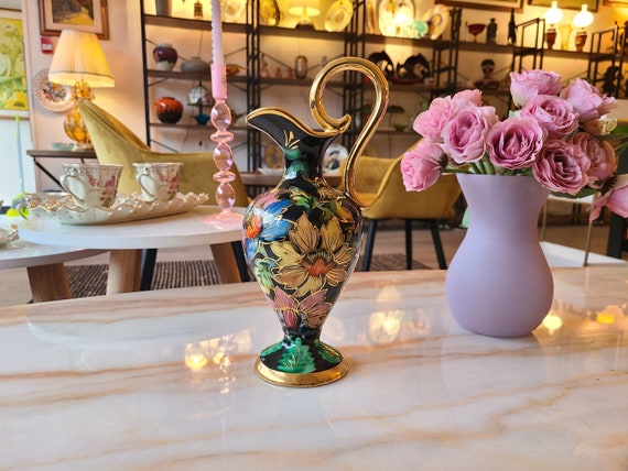 H. Bequet Quaregnon Belgium Ceramic Pitcher ~ Hand Painted Floral Ewer ~ Hubert Bequet Vase Pottery Jug ~ Made In Belgium ~ 1970s ~ No 682