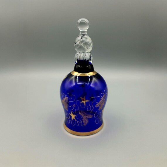 Vintage Cobalt Blue Glass Bell With Ornate Gold Overlay By Bohemia Crystal | Mid Century Bohemia Glass | 1960s | Made in Czechoslovakia