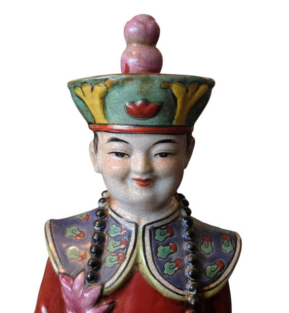 Large 14” Vintage Chinese Emperor Qianlong Porcelain Statue - Hand Painted Imperial Dragon Robe - Chinoiserie Chic Decor