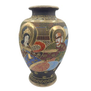 May include: An antique Japanese vase with a black base and rim, featuring detailed artwork. The vase showcases figures with gold accents, and intricate patterns in red, blue, and gold. The vase has a bulbous shape and a narrow neck.