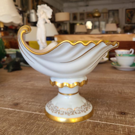 Vintage Porcelain Oyster Bowl Dish | Fluted Pedestal Ceramic Candy Bowl With Gold Trim And Floral Accents | Collectible | Home Decor