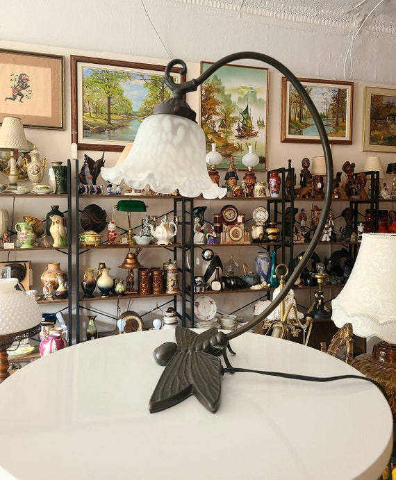 Vintage Dragonfly Lamp | Cast Metal Base | Gooseneck Lamp With Frosted Glass Shade | Decorative Art Nouveau Style Table Lamp | Home Decor