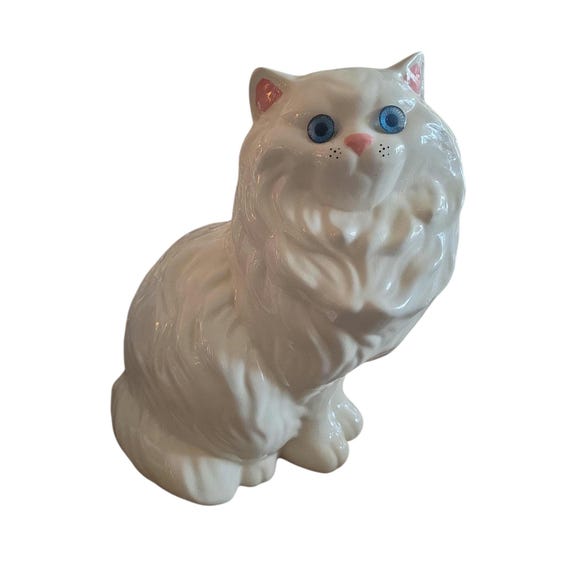 Vintage Life Size Ceramic Persian Cat With Blue Eyes | 1970s Molded Ceramic Large Cat Figurine | Collectible | Home Decor