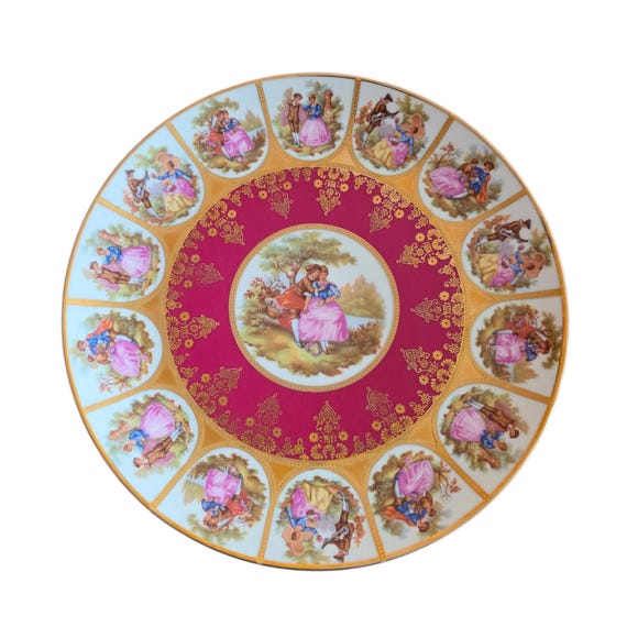 Vintage Schaller Bavaria "Love Story" Cabinet Plate – Fragonard Courting Couple Motif – Bordeaux Red & 22kt Gold Gilding – Western Germany