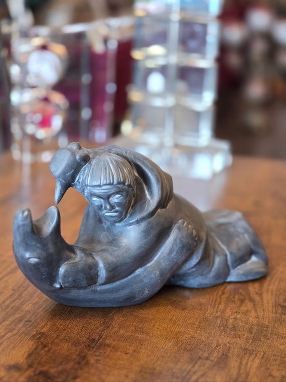 Vintage Ceramic Inuit Figurine, Man Fighting Polar Bear, Made in Canada, Folk Art