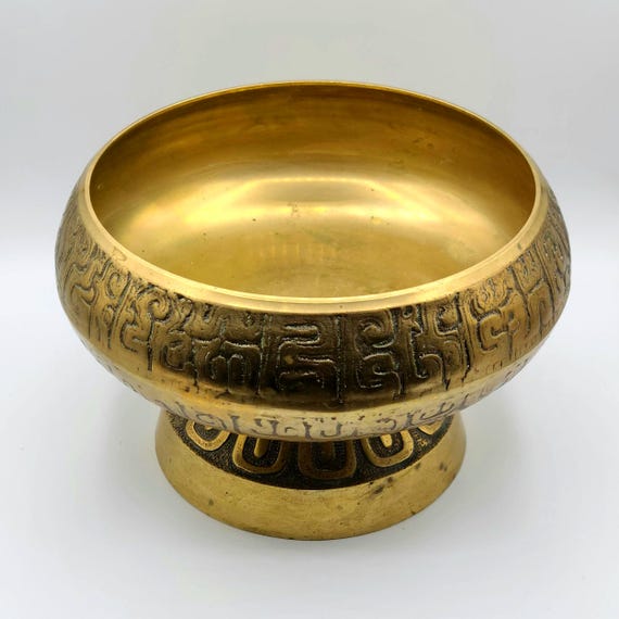 Vintage Large Pedestal Brass Bowl | Mid Century | 1960s | Handcrafted | Decorative Brass Centerpiece Bowl | Made in Korea | Home Decor