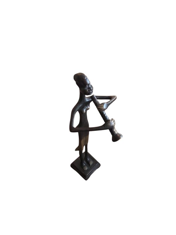Vintage Cast Bronze African Sculpture Figurine From Ghana | Musician Playing A Clarinet | West African Art | Collectible | Home Accents