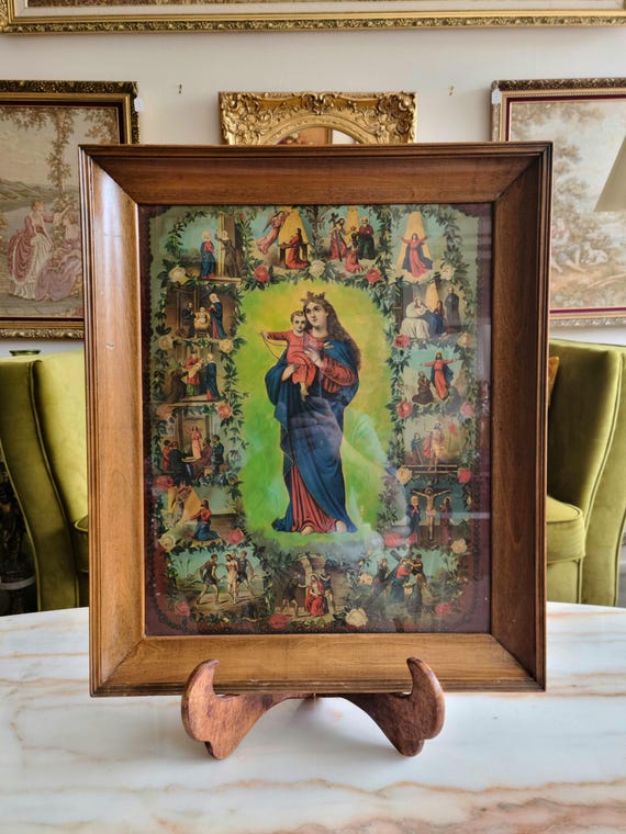 Vintage 'Our Lady Of The Rosary' Print | Wood Frame | 15 Scenes Illustrating The Mysteries Of The Rosary | Religious Themed Wall Decor
