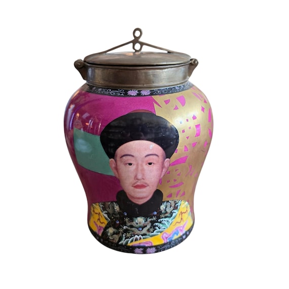 Vintage TOZAI HOME Natasha Farina Ceramic Ginger Jar With Bronze Lid | Collectible Home Decor and Accents