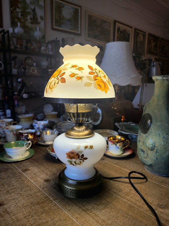Vintage 1970s Hurricane Lamp | GWTW Style | Table Lamp | Floral Motif | Thick Milk Glass |