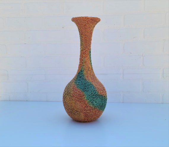 Vintage 1970s Tall Ceramic Vase With Raised 3D Texture Honeycomb Pattern ~ Home Decor