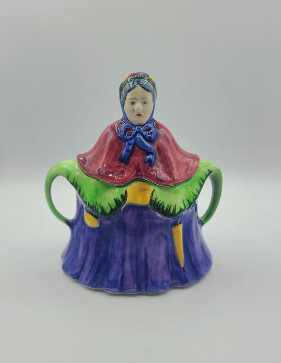 Antique 'Little Old Woman' Sugar Bowl With Lid | 1930s | Hand Painted Ceramic Sugar Pot | Made in England | Collectible | Kitchenware