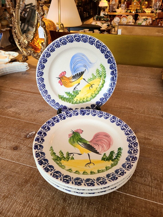 Set of 4 Mid Century Hand Painted Crackleware Ceramic Rooster Plates From Italy | Collectible Wall Plates | Vintage Home Decor