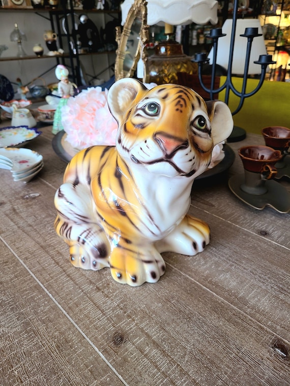 Vintage Ceramic Tiger | Made in ITALY | Hand Crafted | Glazed Ceramic Tiger Cub | Home Decor