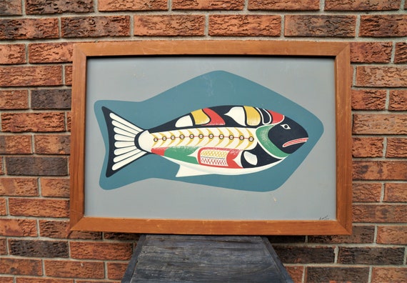 Vintage Framed Canadian Art on Board ~ Nootka King Salmon by Arthur Price ~ First Nations Inspired Wall Art